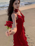 Nukty Women French Style Elegant Vintage Red Ruffles Party Dresses Slim A-Line V-Neck Wedding Evening Dress Spring Summer New