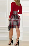 Nukty Two Piece Set Women Outfit Spring Fashion Colorblock Plaid Print Cowl Neck Slit Elegant Long Sleeve Skinny Work Mini Skirt Set