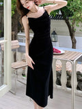 Nukty Elegant Women Black Backless Birthday Velvet Dress Autumn Spaghetti Strap Slim Party Evening Dresses Female Casual Vestidos