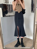 Nukty Black Denim Long Skirt Women Vintage High Waist Split Bodycon Ruffles Pencil Mermaid Midi Skirt Summer Japanese Fashion
