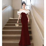 Nukty DRESS TO IMPRESS Wine Red Velvet Prom Dress Elegant Ruched Off Shoulder Engagement Dresses luxurious Mermaid Floor -Length Formal Banquet Gown