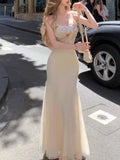 Nukty Fashion Floral Embroidery Lace Long Dresses Women Elegant Sexy Slim Fit Mesh Sling Robes 2025 New Vacation Beach Party Dress