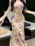 Nukty Summer Female Two-Piece Dress Set Sweet Fishtail Strap Dress V-neck Sleeveless Woman Floral Through Lace Cardigans New