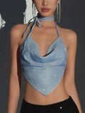 Nukty  Sexy Backless Halter Tops Women Summer Blue Bright Silk Female Camis Y2K Fashion Lace-Up Slim Ruched Crop Vests