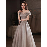 Nukty DRESS TO IMPRESS Elegant Off The Shoulder Evening Dresses Strapless Sequin Beaded  Tulle Shiny Slim Backless Floor-Length A-Line Prom Gowns