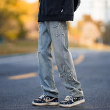 Nukty Men Star Embroidery Straight Casual Jeans Male New Fashion Straight Wide Leg Loose Hip Hop High Street Baggy Denim Trousers