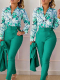 Nukty business casual outfits Women's Shirt 2 Pieces Suit Set 2024 Fall Print V Neck Long Sleeve Top Casual High Waist Pockets Work Female Clothes Pants Set