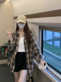 Nukty Checkered Shirt for Women Button Up Collared Plaid Shirt Blouse Female Casual Outfit