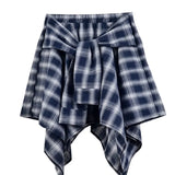 Nukty Summer Casual Retro Irregular Women Skirt Bow-knot Elastic Waist Shirt Style Blue White Lattice Mini A-line Shortskirt Female