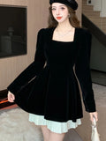 Nukty Korean Velvet Mini Dress Elegant Long Sleeve Square Collar Patchwork A-Line Birthday Party Vestidos High Waist Female Dresses