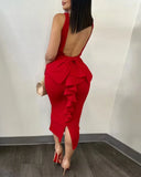 Nukty Sexy Plunge Ruffle Dresses for Women Elegant Thick Straps Deep V Neck Bow Decoration Backless Midi Sexy Formal Party Dress