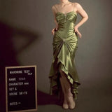 Elegant Vintage Olive Green Prom Party Gown Celebrity Dresses Sweetheart Crystal Button Pleat Taffeta Satin Evening Dress