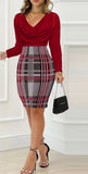 Nukty Two Piece Set Women Outfit Spring Fashion Colorblock Plaid Print Cowl Neck Slit Elegant Long Sleeve Skinny Work Mini Skirt Set