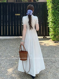 Nukty French Elegant Lace Long Dress Summer V-Neck Puff Sleeve Single Breasted Woman Dresses Office Lady Causal New Vestidos