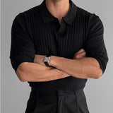 Nukty Men's Fashion Luxury V-neck Knitted Jacquard Polo Shirt Solid Color Long-sleeved Korean Popular Leisure Knitwear New Autumn