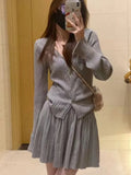 Nukty Y2K Mini Pleated Knitted Skirt Suits Women Autumn Chic Suit Elegant V-Neck Long Sleeve Cardigan Korean Solid Two-piece Sets New