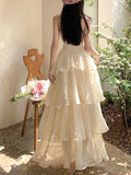 Nukty French Elegannt Strap Ruffles Romantic Cake Women's Dresses Backless Sleeveless Princess Vestidos Spring Summer New Robe