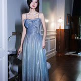 Nukty DRESS TO IMPRESS Shiny Blue Prom Dress Sexy Spaghetti Strap Sweet Bow Starry Sky Sequins Cocktail Party Gown Floor-Length A-Line Formal Vestido