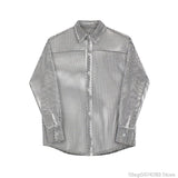 Nukty Transparent Mesh Shirt Hollow Out Jacket Personality Breathable Youth Fashion Long Sleeve Tops Men Lapel Party Clubwear