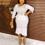 African Party Dress Women Elegant Luxury Skew Collar Three Quarter Sleeve Diamond Belt Waisted Mermaid Mid Calf Formal Work Robe
