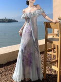 Nukty Summer Print Fairy Slash-Neck Ruffles Chiffon Long Dress Elegant French Romantic Princess Slim Wasit Sling Dresses Robe