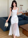 Nukty Elegant Satin Party Dress for Women French Mesh Patchwork Bodycon Mermaid Evening Dresses Summer Midi Vestidos Female Clothing