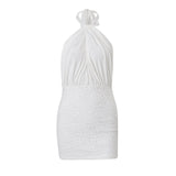 Nukty Off Shoulder Backless Solid High Waist Women Sexy Halter Mini Dress Elegant Y2K Summer Fashion New Hollow Out Vestidos
