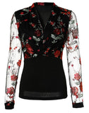 Nukty Female T-Shirts Pullover Tops Sexy Blouses Floral Embroidery Sheer Mesh Long Sleeve Top Autumn Spring New Fashion Casual