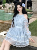 Nukty Sweet Off Shoulder Womens Dresses Elegant Bow Lace-up Long Sleeves Princess Ruffles Party Short Dress Spring A-line Vestidos New