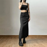 Nukty Women Midi Skirts Goth Dark Grunge Casual Tag Split Mall Gothic Punk High Raise Slim Long Skirt Y2k Sexy Fashion Streetwear