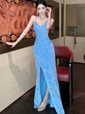 Nukty Women's Sexy Blue Evening Gown Luxury Dresses Slim Backless V-Neck Split Maxi Dress Fashion Robe Birthday Party Spring Autumn