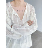 Nukty Rice White Shirts for Men Hollow Out Blouse Men Handsome Fashion Men Clothing Vacation Sexy Mesh Long-sleeved Shirts