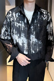 Nukty Summer Fashion White Mesh Shirt  Men Transparent Printing Casual Loose Long Sleeve Tops Streetwear Lapel Party Clubwear Tops