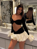 Nukty Elegant Satin Black White Patchwork Puff Skirt Set Women Fashion Long Flare Sleeve Cropped Tops Suit Sexy Beach Party Outfits