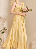 Nukty Yellow Ruffle Summer Chic French Pleated Long Dresses New Women's Flying Sleeve High Waist Square Collar Vacation Backless Dress