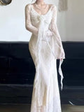 Nukty Women's Floral Ruffles Sexy Slim Dresses  French Vintage Women White Lace Long Sleeved Dress Summer Holiday A-line Vestidos New