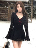 Nukty Sweet Lace Womens Dresses Elegant Flare Long Sleeves Evening Party Mini Dress Slim Waist Casual Vestidos Mujer Female Clothing