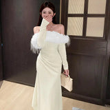 Nukty French Velvet Fur Collar Strapless Dress for Autumn and Winter Pure Desire with Sleeves Ins Long Dress