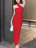 Nukty Fashion Sexy Halter Pleated Party Dress for Women Vintage Elegant Autumn Strapless Birthday Ladies Bodycon Split Vestidos Mujer