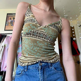 Nukty Retro Print V-neck Camis Summer Holiday Graphic Sleeveless Skinny Crop Top Women Casual Vintage y2k Tees Streetwear Basic