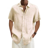Nukty men Cotton Linen Hot Sale Men's Short-Sleeved Shirts Summer Solid Color Turn-down collar Casual Beach Style Plus Size tops