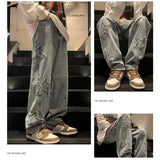 Nukty Men Stars Patchwork Jeans New Male Fashion Casual Straight Wide Leg Pants Hip Hop High Street Baggy Solid Color Denim Trousers