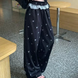Nukty Fashion Lace Patchwork Women Casual Pants Summer Loose Preppy Bow Print Jogging Pants High Waist All Match Straight Trousers