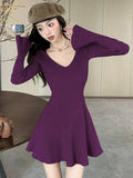 Nukty Autumn Solid Knitted Dresses for Women Elegant Fashion V-Neck Slim Evening Party Mini Dress Female A-Line Casual Vestidos Mujer