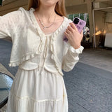 Nukty Korean Ruffles Knitted Cardigan Women Spring Summer Lace Up Cropped Cardigans Woman Korean Solid Color Sun-Protection Shirts