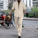 Nukty Autumn Casual Simple Style Mens Sets Long-shirts Long Pants Solid All-match Henry Collar Striped Two-piece Sets S-3XL