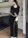 Nukty Y2K High Street Two Piece Set Tracksuit Women Long Sleeve Top Drawstring Wide Leg Pants Korean Fashion Solid Slim Casual Outfits