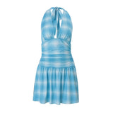Nukty Sexy Plaid Printed Halter Mini Dress Y2K Casual Sleeveless Off Shoulder Backless A-line Dresses Women Sunmmer Vestidos