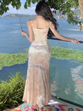 Nukty Elegant Velvet Print Mermaid Womens Dresses Sexy Spaghetti Strap Sleeveless Bodycon Evening Party Dress Slim Waist Vestidos Robe