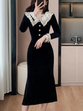 Nukty Women's Velvet Midi Dress Autumn Patchwork Long Sleeve High Waist Mermaid French Vintage Evening Party Prom Robe Vestidos New